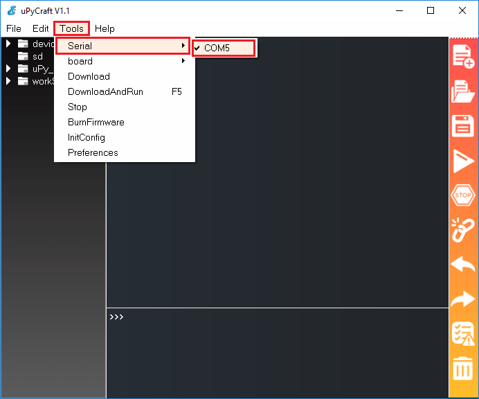 uPyCraft IDE selecting serial port