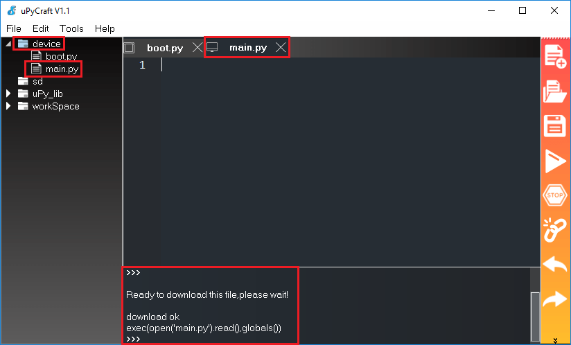uPycraft IDE creating main.py file